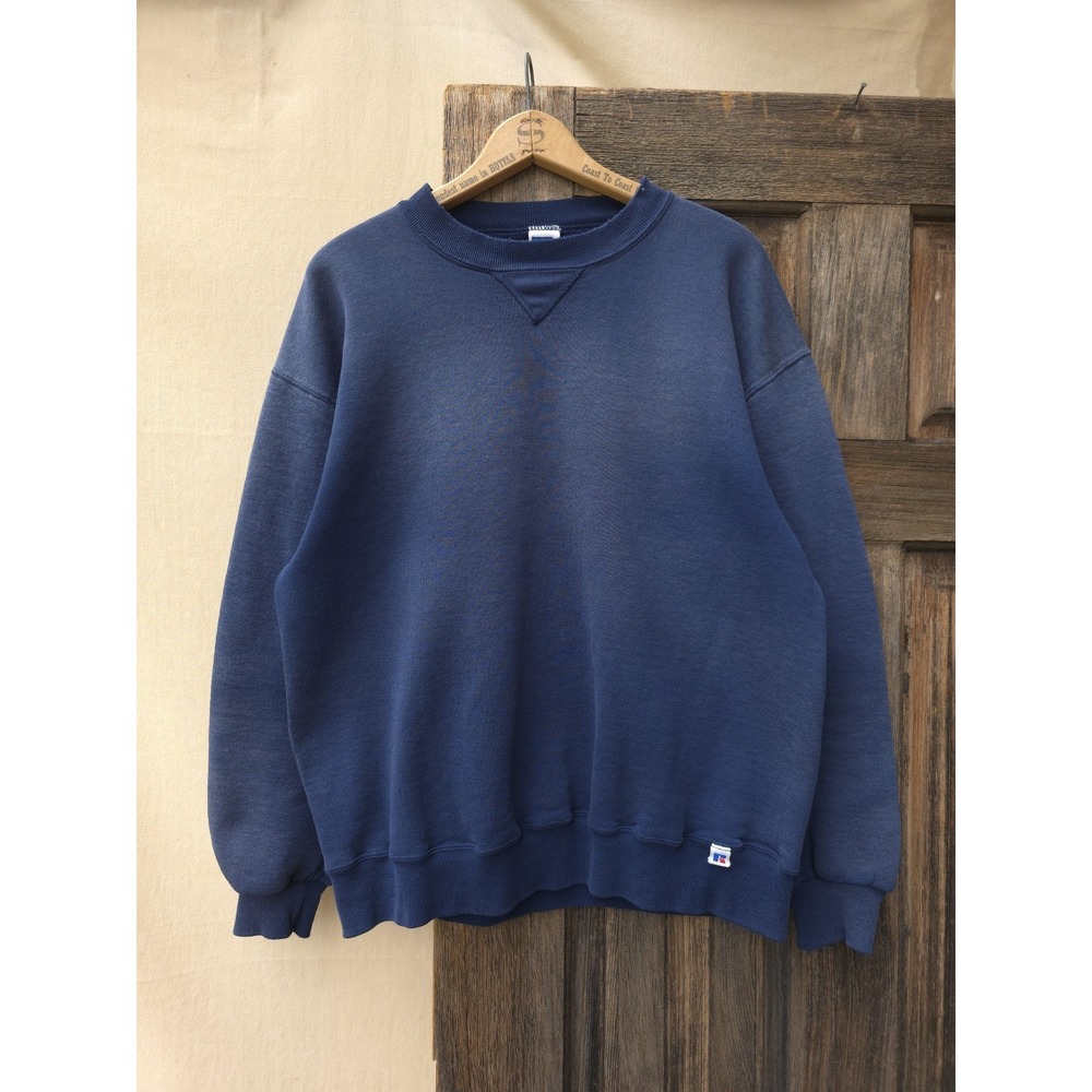 Vintage 90s Russell Athletic Made In USA Blue Crewneck Sweatshirt L Faded